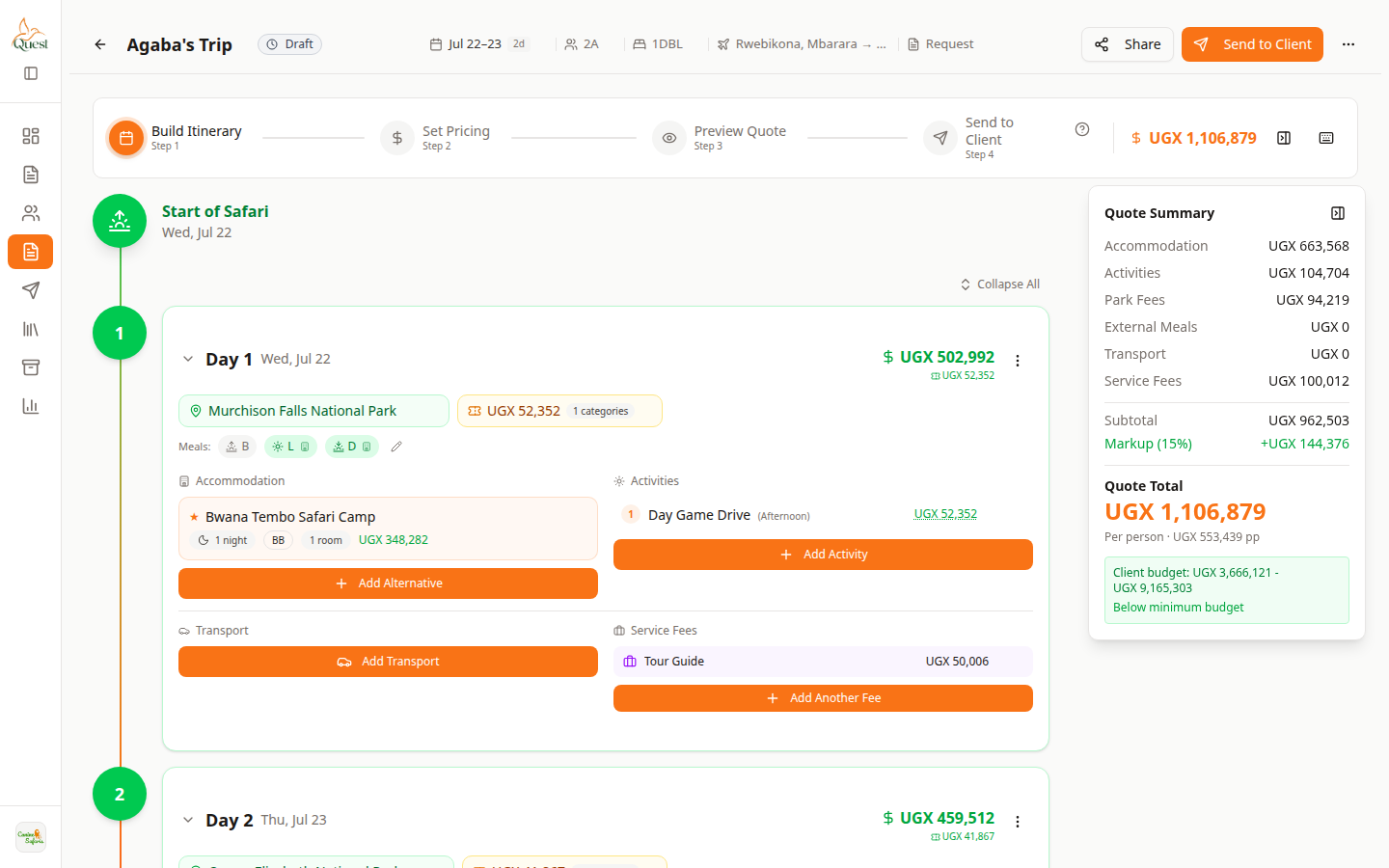 Build Itinerary with day cards