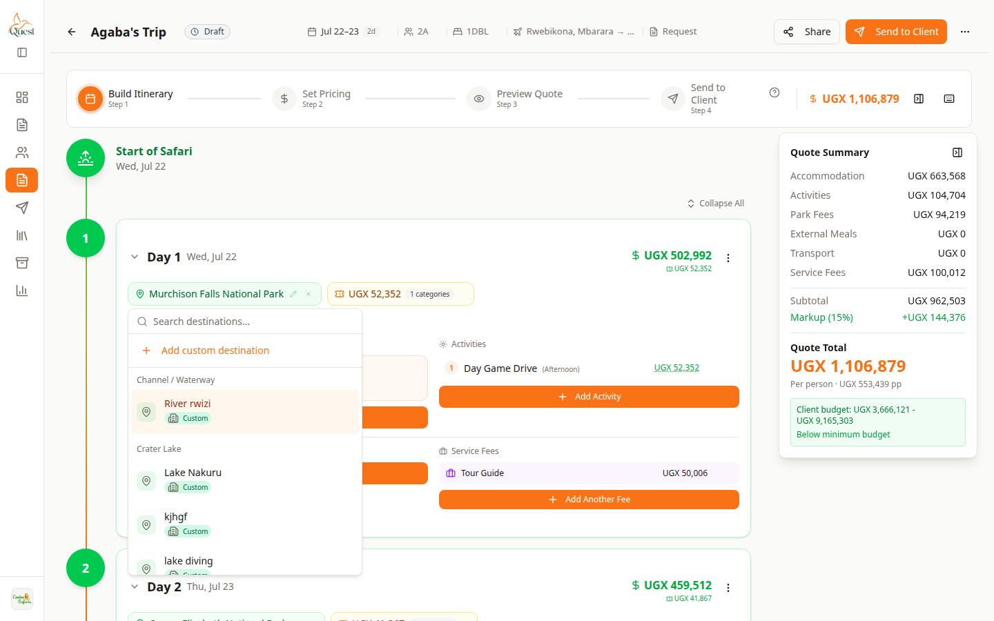 Destination picker open