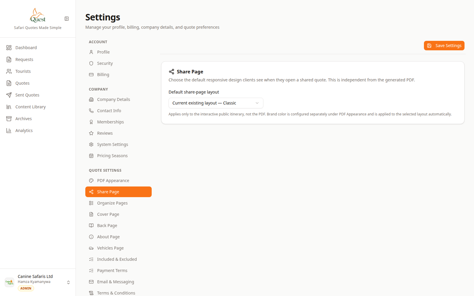 Share Page settings